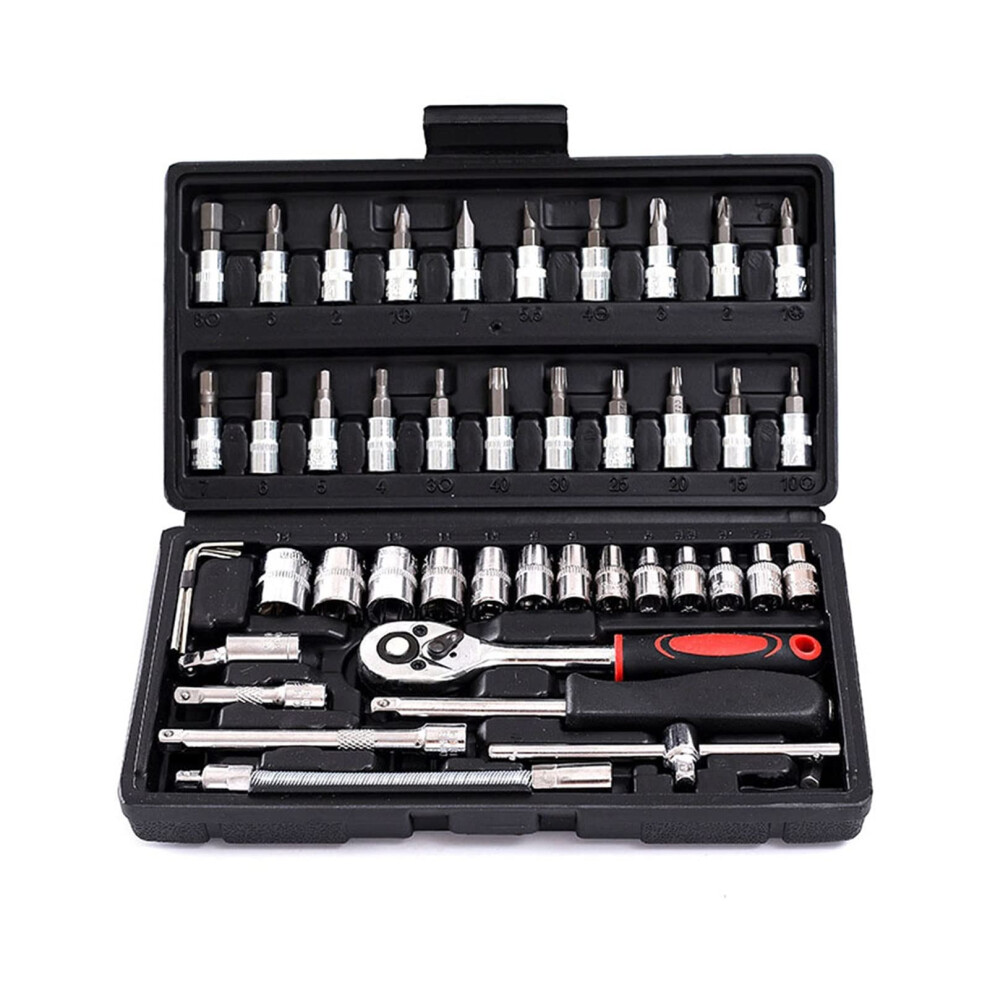 46Pcs Alloy Steel 1/4'' Ratchet Wrench Socket Wrench Set 1/4Inch Drive Kit For Auto And Motorcycle 9323874226651