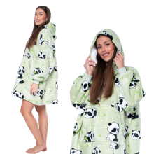 Oversized Wearable Blanket Hoodie - Warm Sherpa Fleece Pullover with Hood & Pocket, Green Panda Print for Adults & Teens