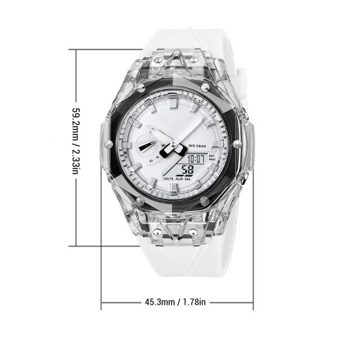 Waterproof Digital LED Watch 12/24H Timer Stopwatch White 45.3mm 1