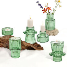 Set de 3 Candelabros de Vidrio Verdes Estilo Boho para Velas Pequeñas, Reversibles