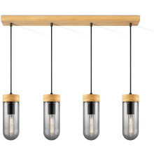 Modern 4-Light Pendant Chandelier - Smoked Glass & Wood Ceiling Light Fixture with Adjustable Height for Living Room & Dining Room