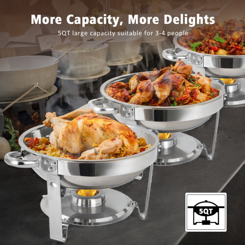 2 Pack 5QT Round Chafing Dish Set with Glass Lids 2
