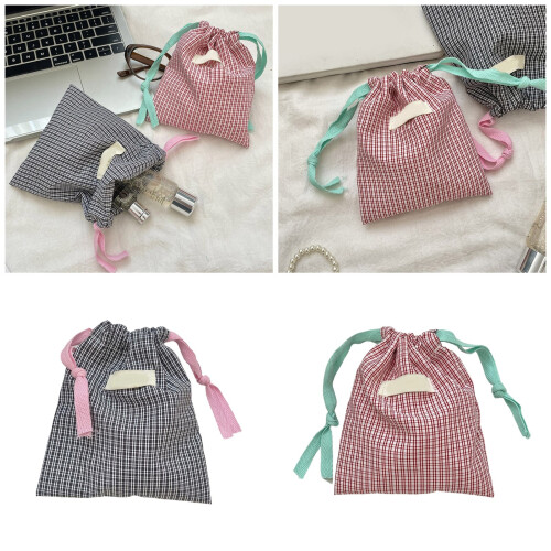 Plaids Toiletry Bag Drawstring Makeup Bag Portable Cosmetic-Red 2