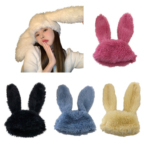 Winter Plush Bunny Ear Shape Hat Keep Warm Hat-rose Red 1