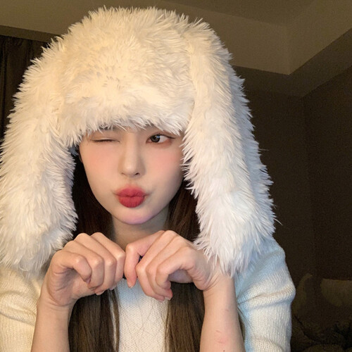 Winter Plush Bunny Ear Shape Hat Keep Warm Hat-rose Red 2