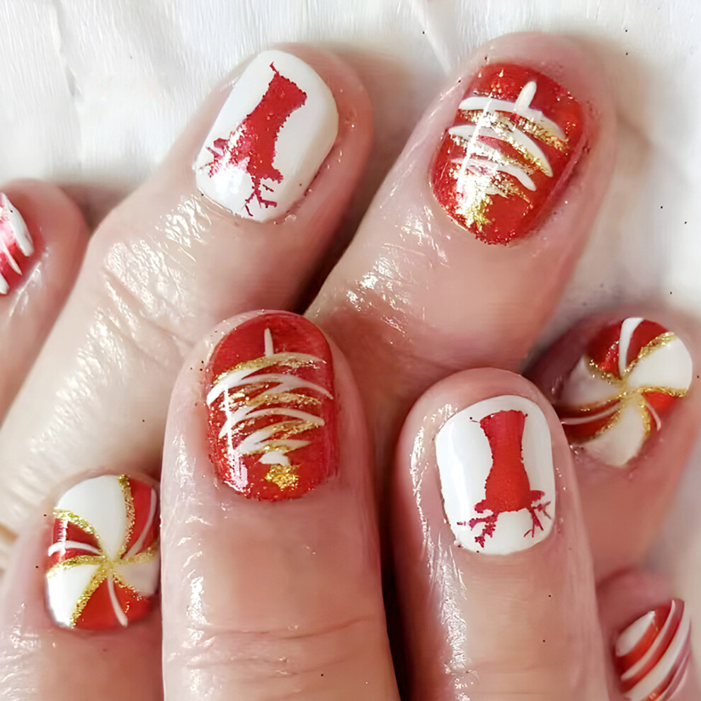 Christmas Short Square False Acrylic Nails with Elk Snowflake