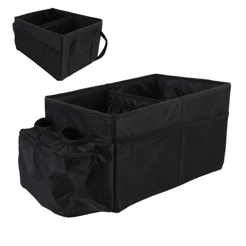 29L Waterproof Small Trunk Organizer with Double Cup Holders, Collapsible, Black