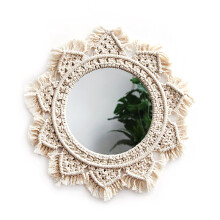 Chic Boho Mirror, 15" Round Macrame Hanging Art, Perfect For Bedroom, Bathroom Decor, Acrylic Mirror With Macrame Fringe, Unique Statement Piece