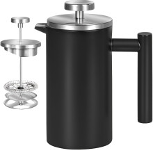 (Black, 1000ml / 34oz) Premium Double-Walled Stainless Steel French Press - 304 Grade, BPA-Free & Corrosion Resistant for Coffee, Tea & Milk