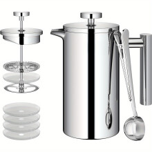 (Silvery, 350ml) Stainless Steel French Press Coffee Maker, Double Wall Insulated, 304 Grade, with 4 Extra Filters and 1 Spoon,