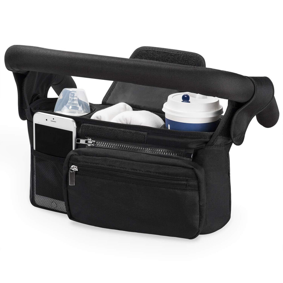 Baby Stroller Organizer, Universal Pram Bag With 2 Insulated Cup Holders, Waterresistant Organiser, 33X16x10cm Black