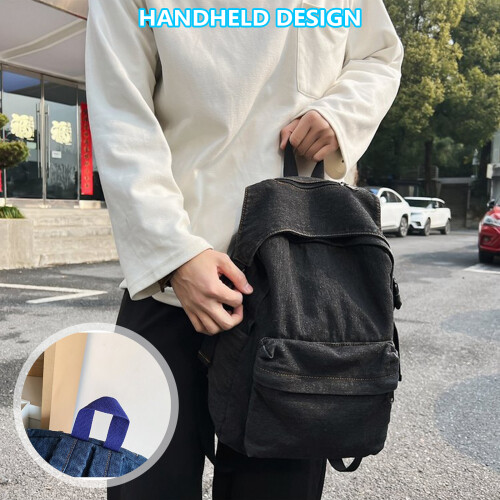 Campus School Bag Jean Backpack Large Capacity-Navy Blue 2