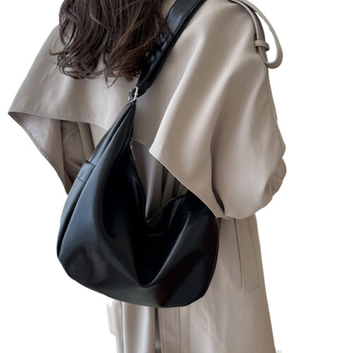 PU Leather Crossbody Shoulder Bag Dumpling Bag Large-Black
