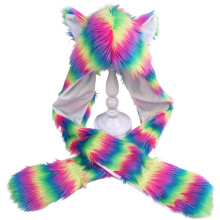 Winter Faux Fur Plush Hood Hat Scarf and Gloves Mittens 3 in- A