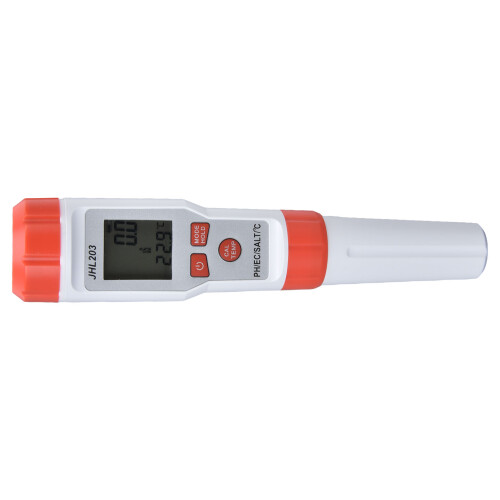 Medidor digital de qualidade da água com 4 modos de teste em 1: pH, EC, salinidade e temperatura. Compacto, com visor LCD retroiluminado e 2