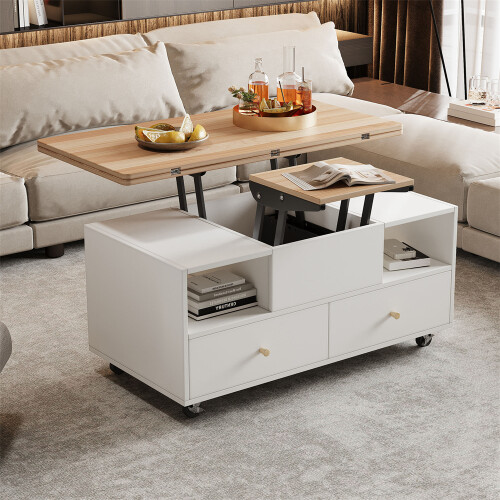 Lift-Top Coffee Table with 4 Drawers & Wheels