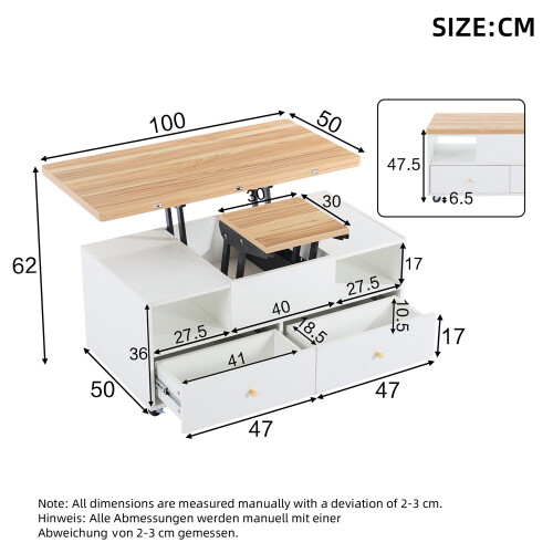 Lift-Top Coffee Table with 4 Drawers & Wheels 1