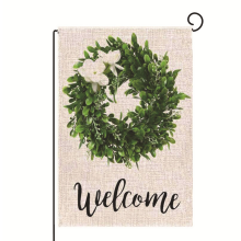 Couronne de buis, drapeau de bienvenue, installation facile, en toile de jute, 30 x 45 cm, drapeau décoratif pour terrasse et pelouse, style