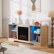 Light Wood Grain Electric Fireplace TV Stand-15 Colours LED Light String, Touchscreen-enabled& Remote-controlled