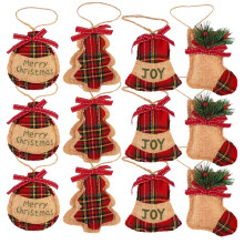 Red Black Burlap Tree Ornaments, Boho Farmhouse Hanging Decor for Small Medium Trees, Rustic Ornaments Set with 12 Pieces Hanging Baubles for Christma
