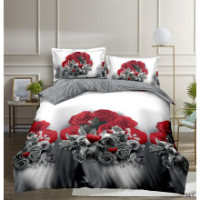Duvet Cover Set 4 Pcs Microfiber Quilt Cover 3DPrinted With Fitted Sheet Hypoallergenic Red Grey Flower 347 Double