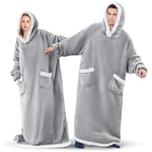Wearable Hoodie Blanket Oversized Sherpa Fleece Long Sleeve Hooded Soft Snuggle For Women And Men Grey