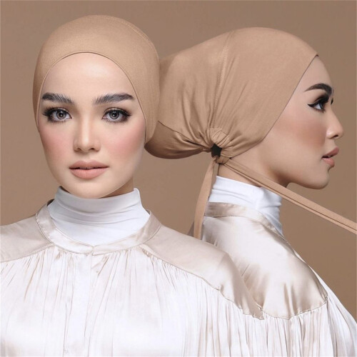 Women's Hijab Caps Soft Elastic Tie Back Bonnet-turmeric 1