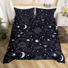 Sun and Moon Duvet Cover, Single Size, Black and White Starry Galaxy Bedding 2pcs for Child, Boho Constellation Cover
