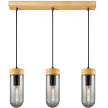 Modern 3-Light Pendant Lamp - Smoked Glass & Wood Ceiling Light Fixture with Adjustable Black Cords for Kitchen Island or Dining Room