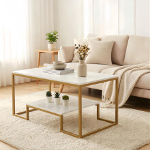 Alivio 2-Tier Modern Industrial Coffee Table with Metal Frame & Wooden Top Sturdy Center Table for Living Room, Home & Office (White)