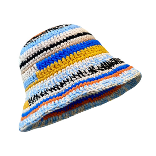 Winter Stripe Pattern Crochet Bucket Hat Ladies Commute-Blue