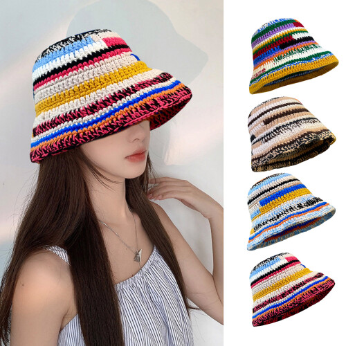 Winter Stripe Pattern Crochet Bucket Hat Ladies Commute-Blue 2