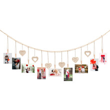 Wall Hanging Photo Display, Photo Banner With Clips Boho Style Collage Photo Frame With Wooden Beads And Twine, DIY Picture Photo Frame For Rustic Cou