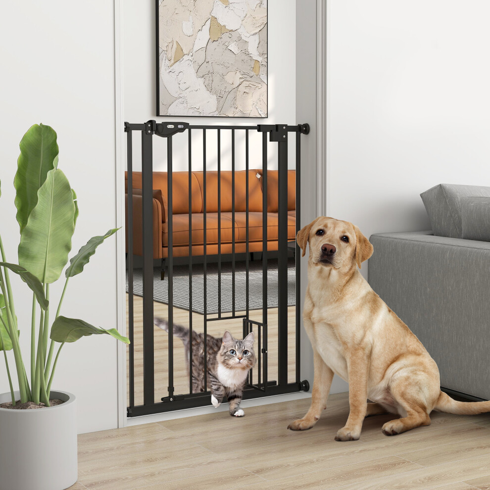 Pawhut Extra Tall Dog Gate With Cat Door Auto Close For Stairs 74-80 Cm Wide