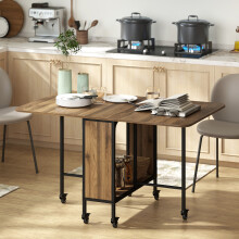 HOMCOM Mobile Drop Leaf Dining Table on Wheels with Shelf Light Brown