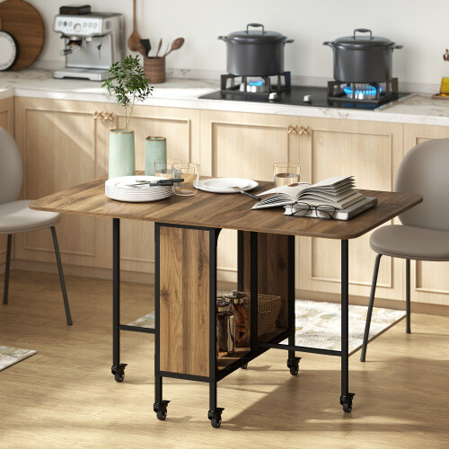 Homcom HOMCOM Mobile Drop Leaf Dining Table on Wheels with Shelf Light Brown