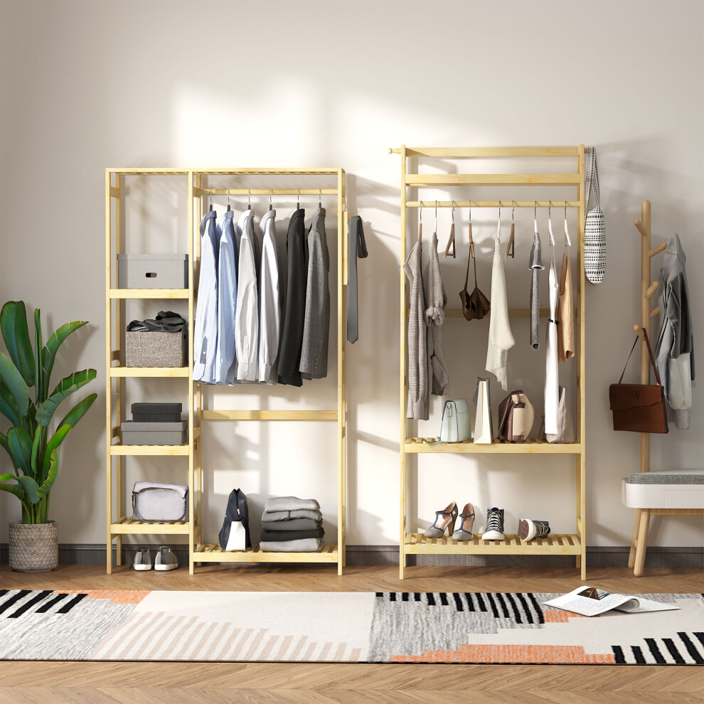 Homcom Bamboo Coat Rack W/ Hooks Hanging Rail And Storage Shelf For Entryway