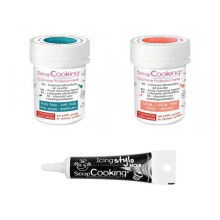 2 corantes alimentares coral-azul escuro + Caneta de glacê preta