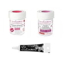 2 coloranti alimentari porpora-rosa + Pennarello per glassa nera