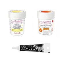 2 corantes alimentares laranja-amarelo pastel + Caneta de glacê preto