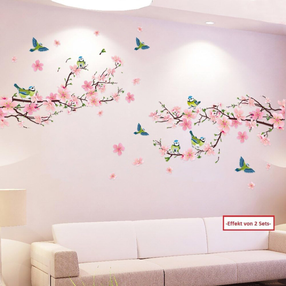 Pink Floral Tree Branch Birds Wall Stickers Wall Décor Eco-Friendly Vinyl Non-Toxic and Odor Free Self-Adhesive Peach Blossoms to Birds Design for