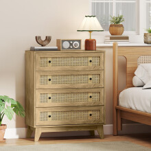 HOMCOM Chest of Drawers, 4 Drawer Unit Storage Organiser with Rattan Element