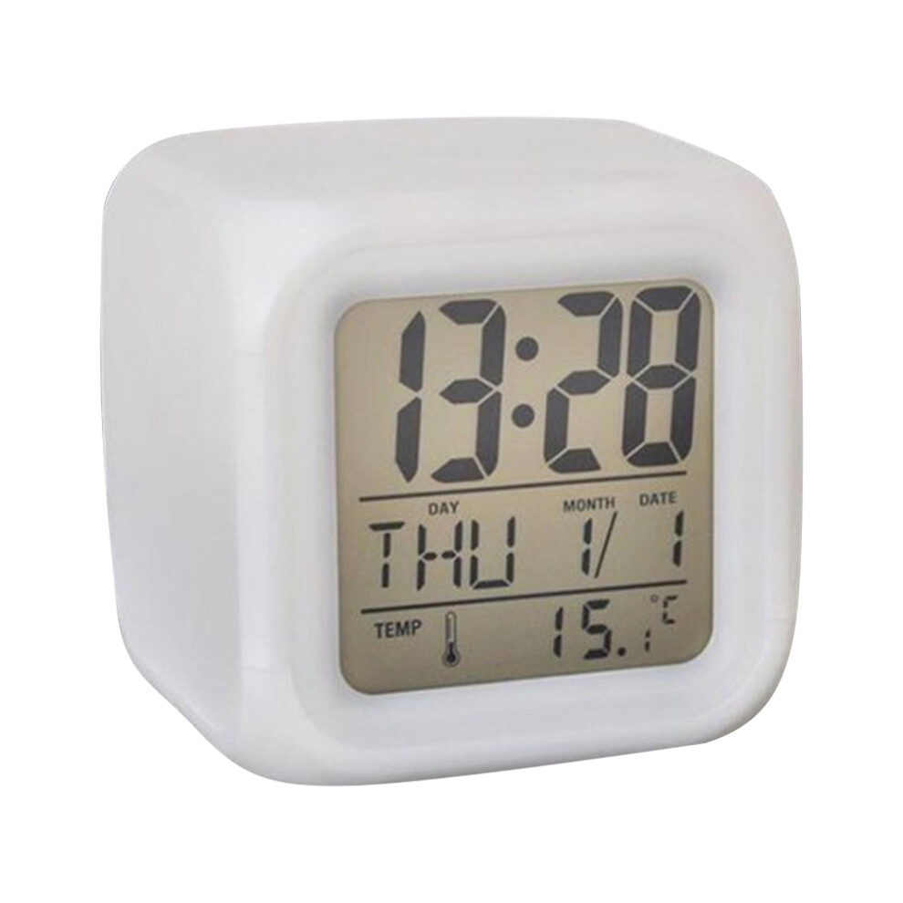 LED Change LCD with Quiet Alarm, Digital Alarm Thermometer Featuring Night Glowing Cube, 7 Colors Clock for Bedroom Decor, Portable Size with Large Ti