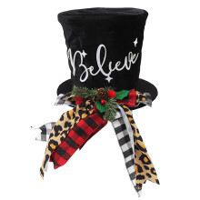 Christmas Tree Topper Hat, Metal Spring-Shaped Frame Holiday Table Centerpieces with Premium Velvet Materials, Black Velvet Bowler Derby Hat Collapsib