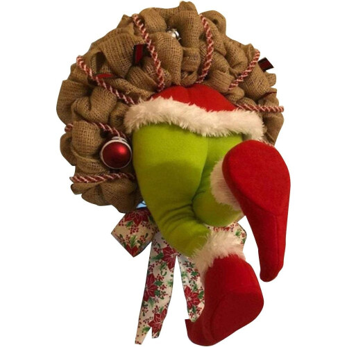 Χριστουγεννιάτικο στεφάνι Grinch, μοναδικό δώρο ύφασμα λινάτσας για διακόσμηση
