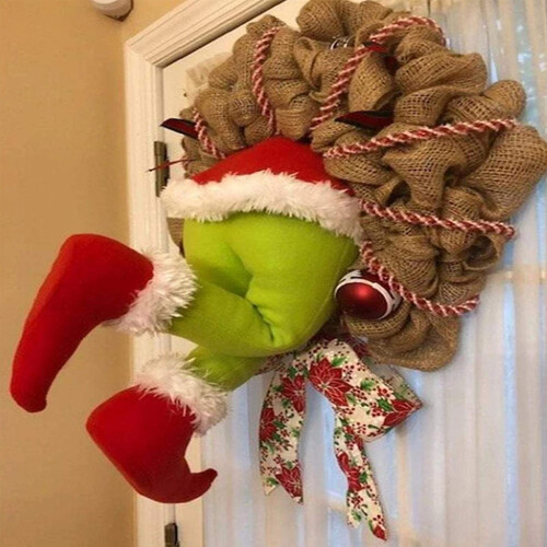 Χριστουγεννιάτικο στεφάνι Grinch, μοναδικό δώρο ύφασμα λινάτσας για διακόσμηση 2