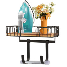 Wall Mounted Ironing Board Hanger Metal Holder With Wooden Base Basket Adjustable Hooks SpaceSaving