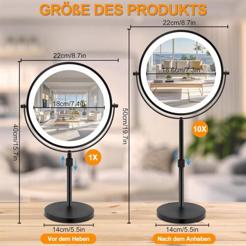 Height Adjustable Makeup Mirror with Touch Switch Control, 10X Magnifying Mirror Featuring Even LED Lighting, Double Sided LED Lighted Makeup Mirror w 1