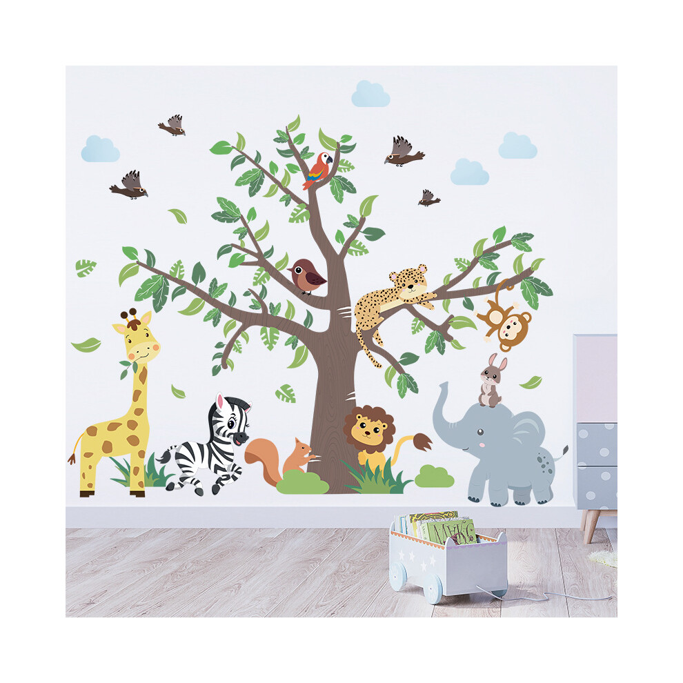 Jungle Safari Tree Wall Stickers,Jungle Elephant, Giraffe, Monkey, Lion, Zebra, Squirrel Wall Decals For Kids Bedrooms,Baby