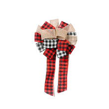 Rustic Farmhouse Christmas Decorations, LED Lighted Christmas Tree Topper, Red Black Buffalo Plaid Bow, Perfect Cloth Decoration for Indoor Outdoor Ce